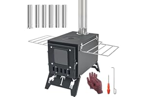 OZHOMY Portable Wood Burning Stove, Compact Camping Stove with 6 Chimney Pipes, Durable Tent Stove for Cooking, Heating and O