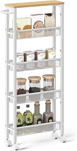 VASAGLE 5-Tier Trolley Kitchen Cart 13 cm Deep Oak Beige White LRC034W09