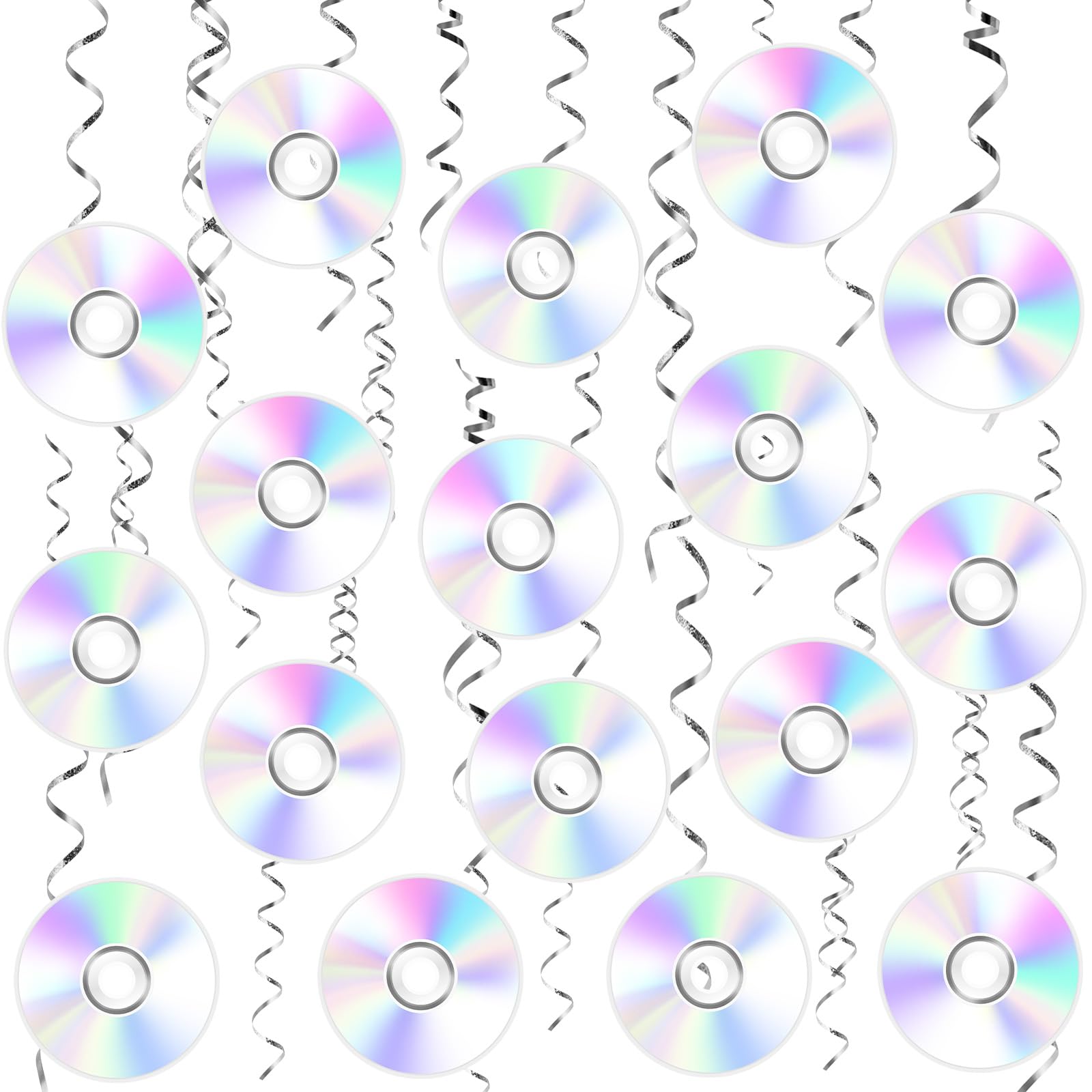 Photo 1 of 48pcs 90s Hanging Swirl Decorations, Iridescent CD Disc Theme Party Supplies for 90s/2000s Birthday Party & Baby Shower, Retro Music Ceiling Streamers with Glossy Finish