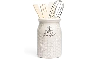 Young's Inc. Ceramic Utensil Holder for Countertop - Kitchen Crock with 3 Wooden Utensils - Large Organizer for Cooking Tools, Flatware, and More - Bee Thankful