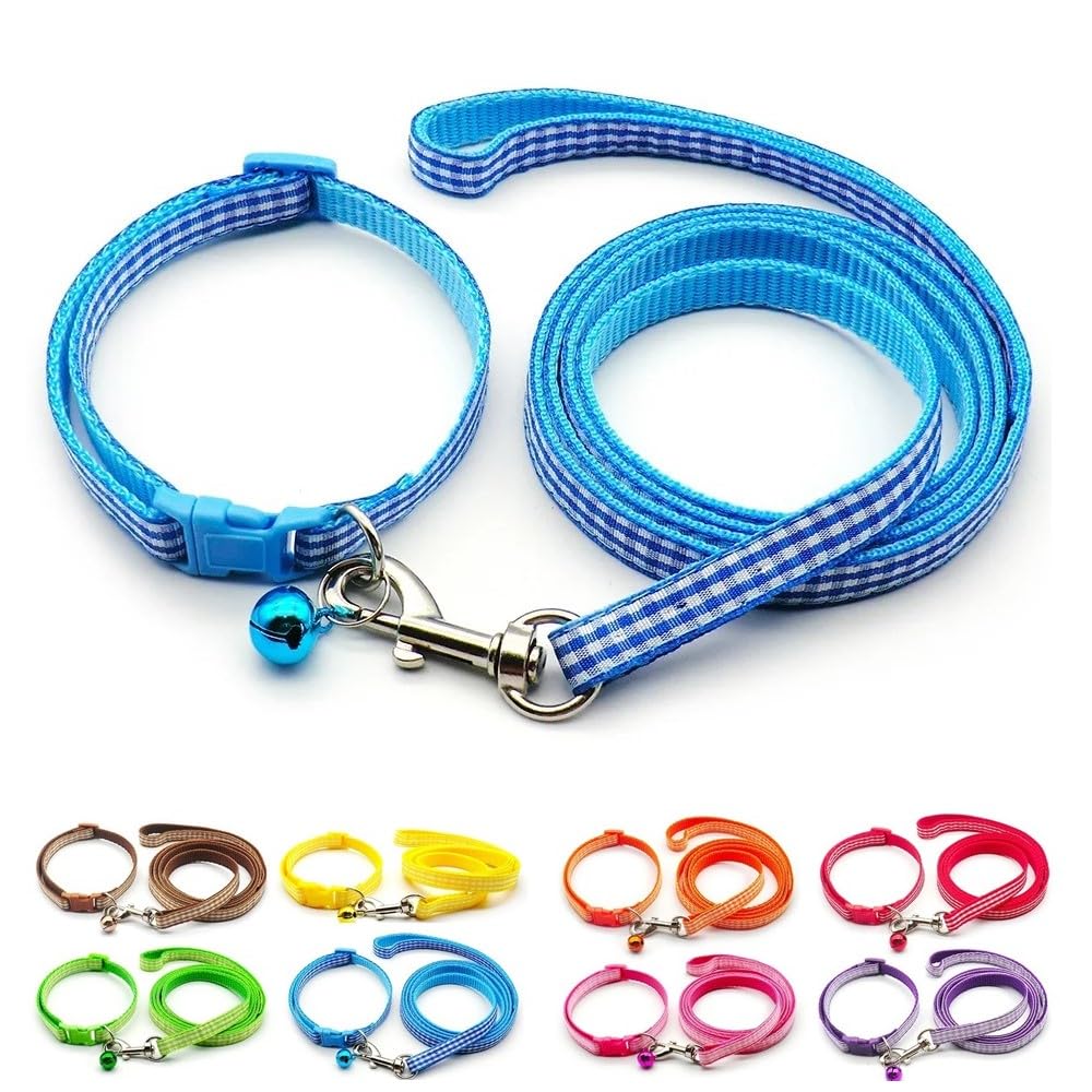 Small Dog Puppy Pet Collar and Lead Set Check Design Nylon Adjustable Size 19-32cm Collar with Bell and 120cm Leash Blue