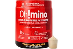 Oh!mino Amino Acids for Muscle Gain - BCAAs Amino Acids Powder Supplement for Pre & Post Workout - Caffeinated, Non Dairy, Vegan, Zero Sugar & Net Carbs - 40 Servings (Tropical Splash)