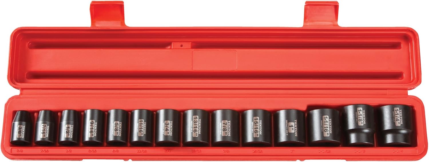 TEKTON 1/2-Inch Drive Shallow Impact Socket Set, Inch, Cr-V, 12-Point, 3/8-Inch - 1-1/4-Inch, 14-Sockets | 48161