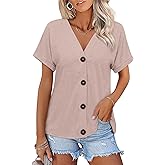 TICTICMISS Womens Summer Tops Short Sleeve Button Down Shirts Casual V Neck T Shirts Trendy Tunic Tops