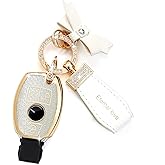 Simocky Key Fob Cover with Diamond Keychain for Mercedes Benz Car Key Shell Compatible with Mercedes Benz C E M S CLS CLA GLK GLA GLC GLE AMG Class Remote Key for Women (3 Buttons-Silver Bowknot)
