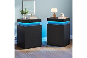 BTHFST LED Nightstands Set of 2,Night Stands for Bedroom Set of 2,Nightstand with Charging Station and Sliding Top,Bedside Table with Power Outlets & Drawers,Modern End Side Table (Black)
