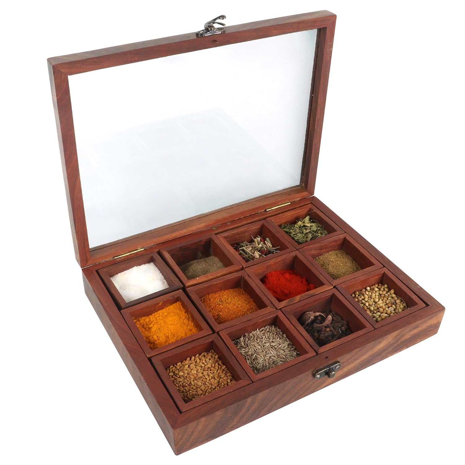 Buy WOOD ART STORE Wooden Masala box and spoon with 12 Containers