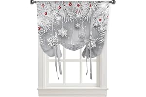 RISQITEN Grey Christmas Tie Up Curtains for Windows/Door, Xmas Botanical Adjustable Balloon Window Shades, Red Balls Winter Snowflake Kitchen Window Treatments Farmhouse Short Curtains with Rod Pocket 42"x45"