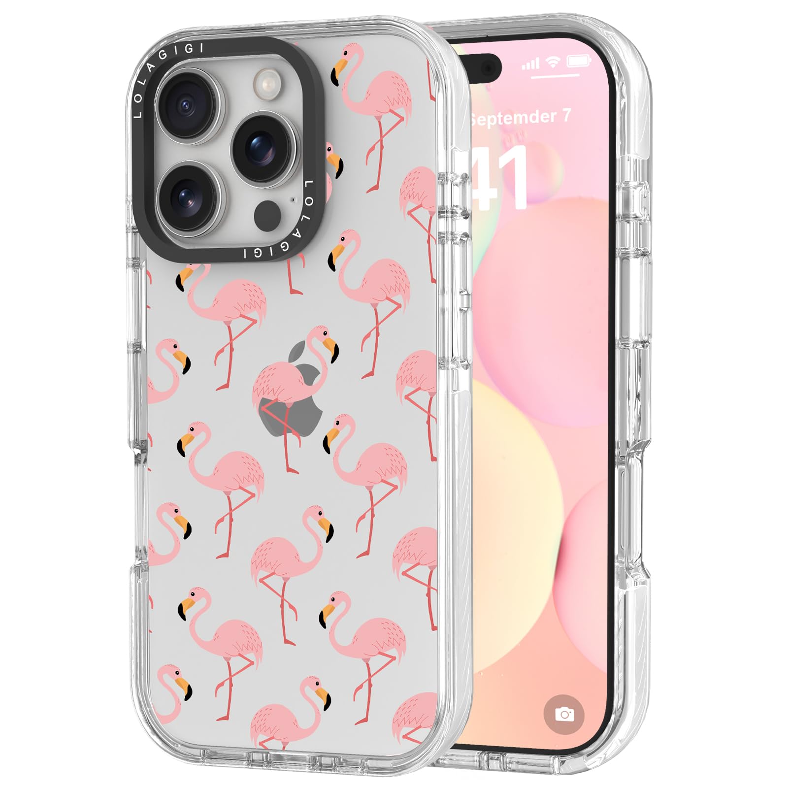 LOLAGIGI Case for iPhone 13, Cute Pink Flamingo Kawaii Design Girly Aesthetic Cartoon Pattern for Women Girls Teens Transparent Acrylic Hard Case,6.1"