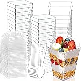 Hiasobre 30Pack 5oz Clear Plastic Dessert Cups with Lids and Spoons, Reusable Square Parfait Appetizer Cups, Party Trifle Shooter Serving Cup, Mini Dessert Shot Glasses for Tasting