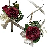 MAFELOE Artificial Wrist Corsage Boutonniere Set for Groom Bride Groomsmen Bridesmaids, Corsage Wristband Men Boutonniere Wedding Party Prom Suit Decorations - Burgundy 2Pcs