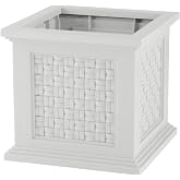 Rattan Style Outdoor Planter Box - 14.65-Inch-Square Decorative Flower or Plant Pot - Garden, Patio and Front Porch Decor by Pure Garden (White)
