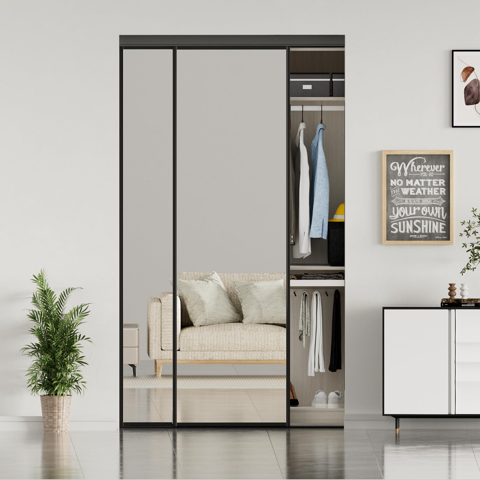 Photo 1 of **POSSIBLY FOR PARTS/ UNTESTED*** JUBEST Mirrored Closet Door 48 x 80, 1-Panel Black Steel Frame Sliding Closet Mirror Door Top & Bottom Track Kits, One Side Mirror with Safety Backing, Easy to Install