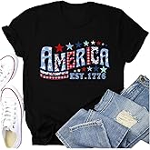 Potia USA Shirt for Women American Flag T-Shirt 4th of July Patriotic Tee EST. 1776 Print Tops