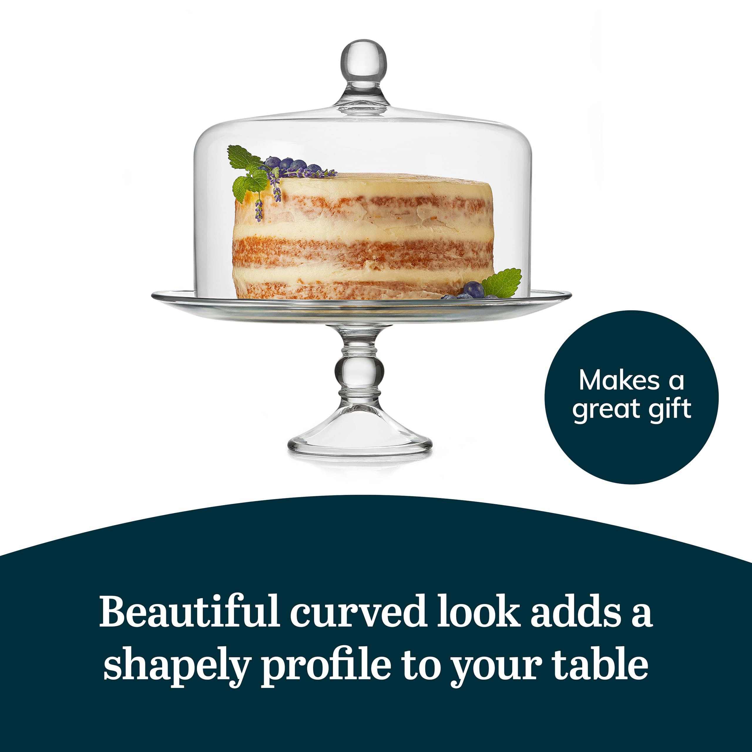 Libbey Selene Glass Cake Stand with Dome Lid, Elegant Curved Footed, Covered Cake Stand, Versatile Serving Dish for Variety of Desserts and More