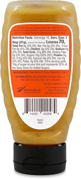 WEDDERSPOON RAW MANUKA HONEY, UNPASTEURIZED, GENUINE NEW ZEALAND HONEY, MULTI-FUNCTIONAL, NON-GMO SUPERFOOD, CONVENIENT SQUEEZE BOTTLE, KFACTOR 16, 12 OUNCE