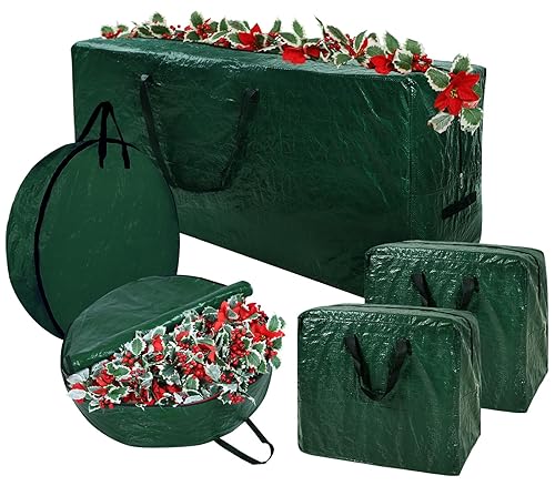 Capslpad 5PCS Christmas Tree Storage Bag for 7.5ft Artificial Trees PE Durable Holiday Wreath Storage Bag Waterproof Xmas Holiday Decoration Storage Bags Reinforced Handle & Zippered & Card Slot,Green
