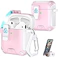 R-fun Compatible AirPods 2nd Generation 2019,1st Gen Headphone Cases, Fully Drop Proof Auto Eject Protective Cover Design, New Charging Port Dust and Stand Design,White+Pink