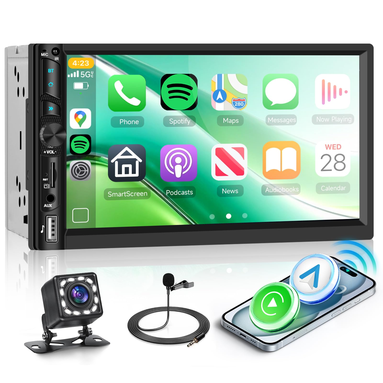 Double Din Car Stereo Radio with Wireless CarPlay Android Auto, 7 Inch HD Touch Screen Car Play Audio Receivers with Bluetooth, HD Backup Camera, FM, Mirror Link, USB/Type C/TF/AUX/SWC