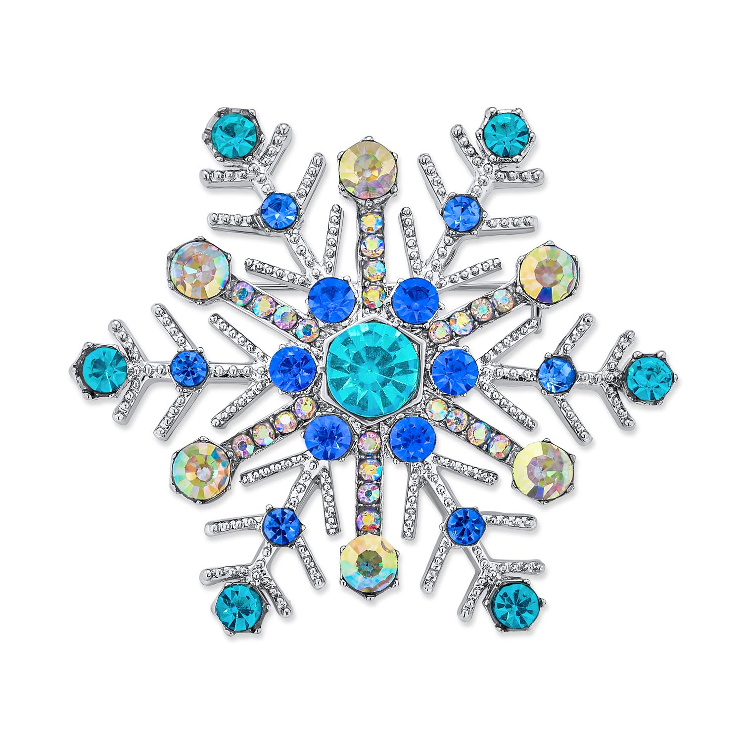 Large Multi Ice Blue Frozen Winter Snowflake Brooch Pin For Women Crystal Holiday Party Frozen Winter Rhodium Plated Alloy