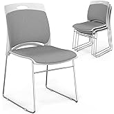 VINGLI Stackable Plastic Mesh Padded Chairs for Office Set of 4, Grey | Stacking Chairs with Metal Sled Base, Ergonomic Plastic Pad Seat &amp; Back, Waiting Banquet Guest Break Room, Easy to install