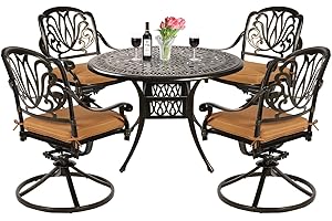 VIVIJASON 5-Piece Outdoor Patio Dining Set, All-Weather Cast Aluminum Conversation Set, Patio Furniture Set for Balcony Lawn Garden, Include 4 Swivel Dining Chairs, a 35.4" Round Table w/Umbrella Hole