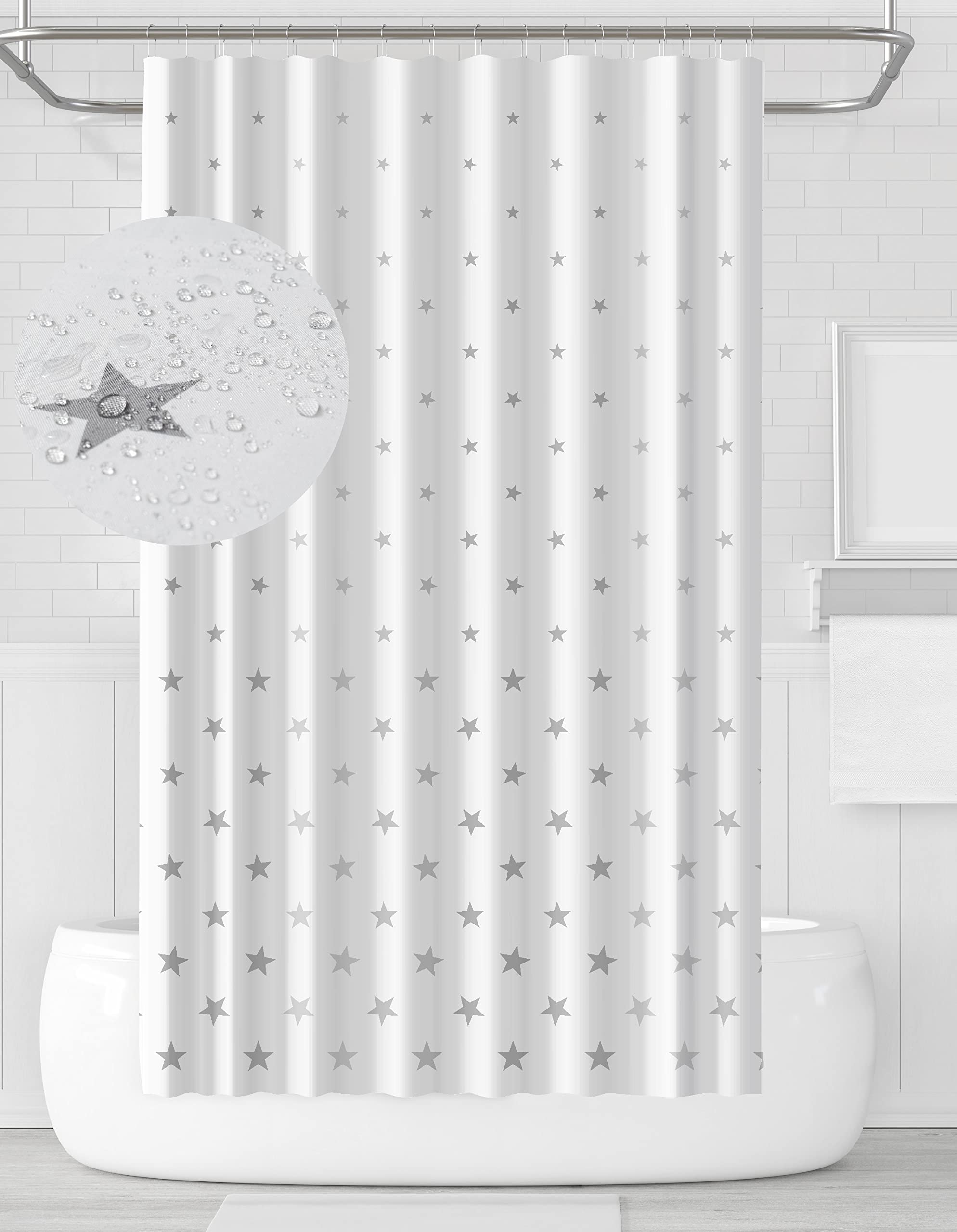 YOUNG DA Fabric Shower Curtain Grey & White Pentagram Design for Bathroom, Shower Curtains Mould Proof Resistant 72x72 inch, Washable Fabric, Includes 12 Hooks