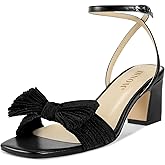 ISNOM Women's Bow Knot Heeled Sandals Ankle Buckle Strap Open Toe Block Chunky Heels Bride Wedding Party Fashion Heel