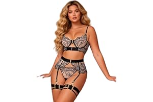 ohmydear Women's Sexy Lingerie Set with Garter Mesh Embroidery Belt Matching Bra and Panty Sets for Women S-2XL