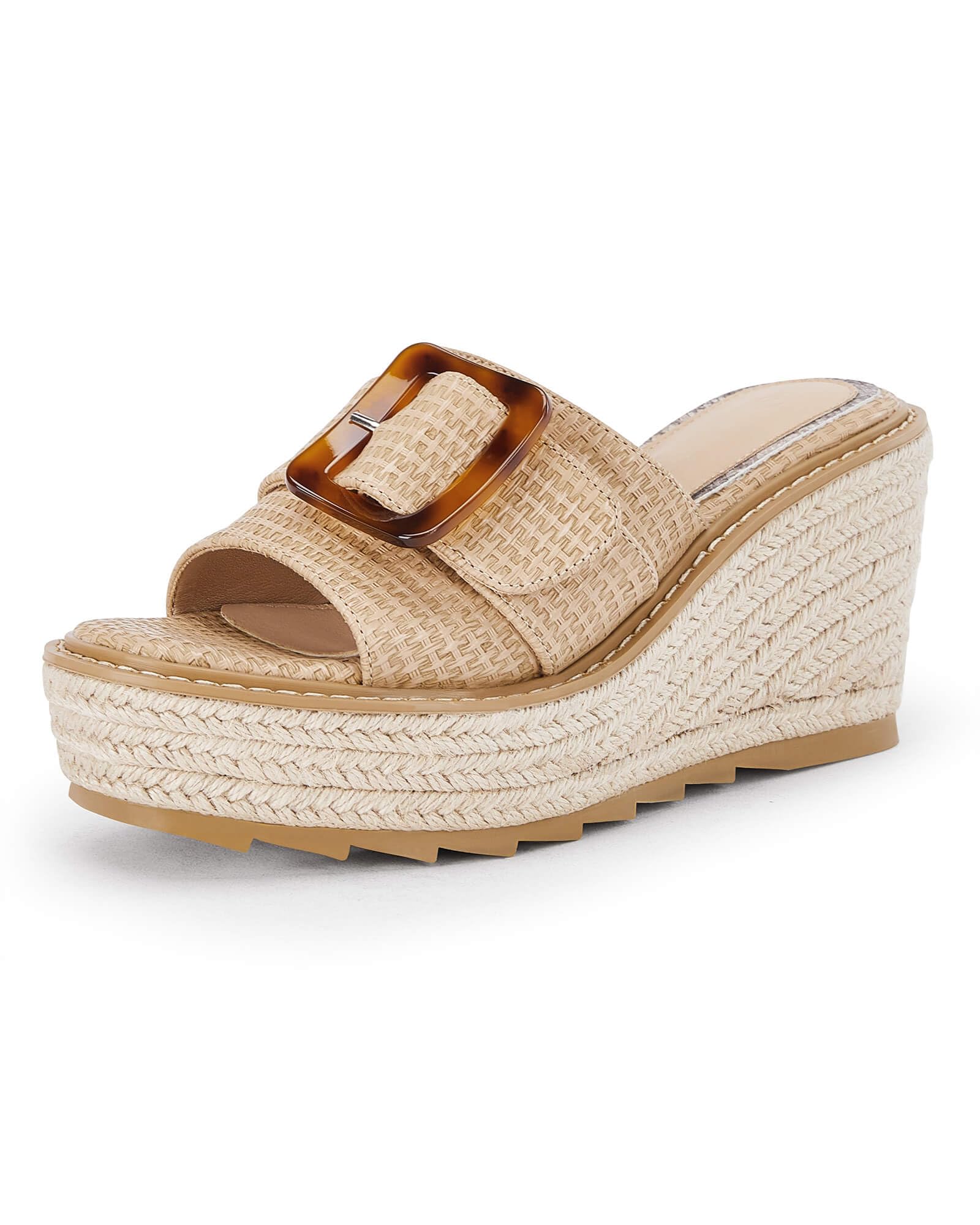 Photo 1 of Coutgo Women's Wedge Platform Espadrille Slide Sandals Slip On Open Toe High Heels Buckle Casual Summer Shoes, Size 8, Khaki