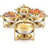 HEADMALL Chafing Dishes for Buffet 4 Pack, 6QT Round Gold Chafing Dish Buffet Set with High Dome Lid, Stainless Steel Food Warmers for Parties, Catering Supplies and Buffet Servers, Safe Rolled Edge