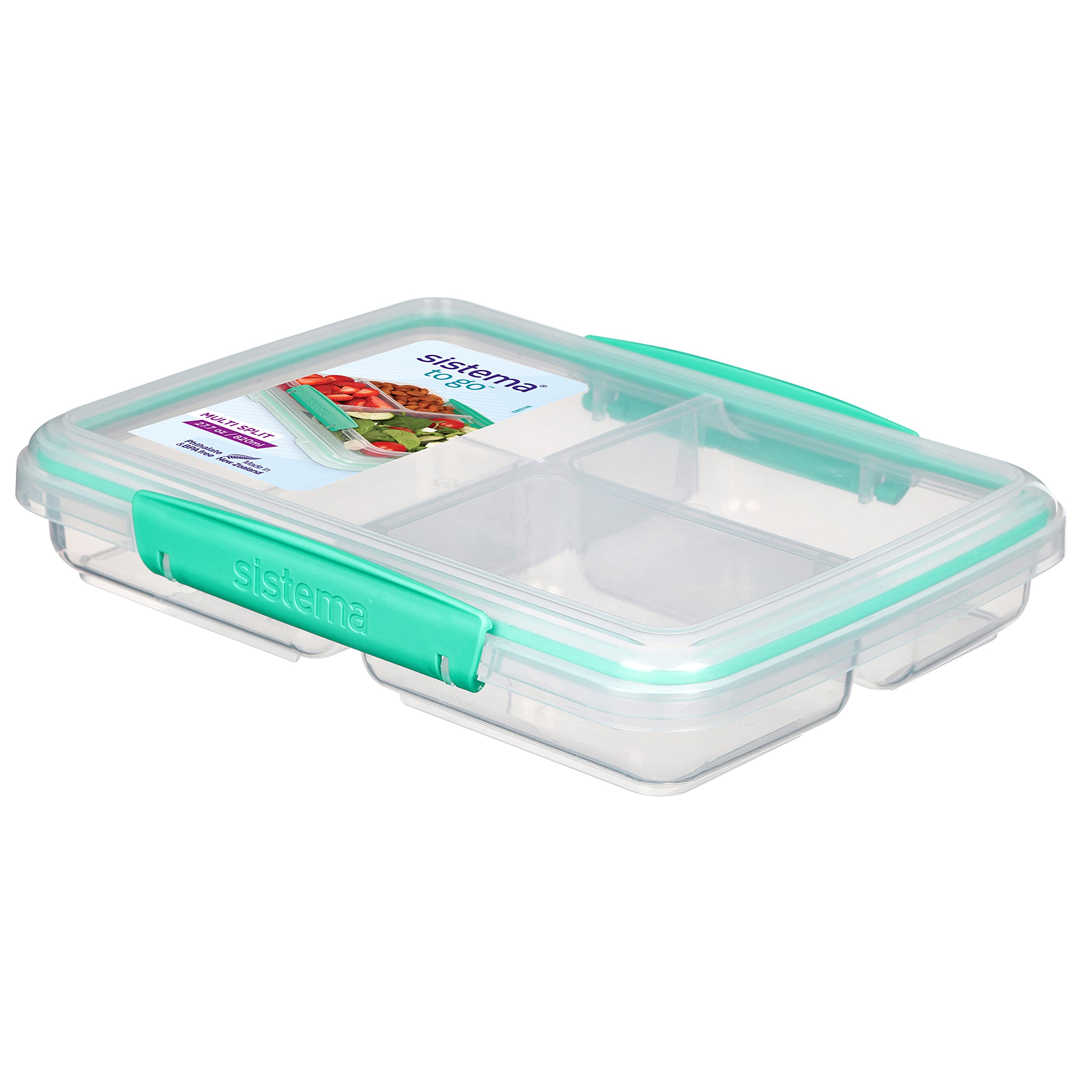 Sistema TO GO Multi Split Meal & Food Container with Dividers & Clips | 820ml | BPA-Free | 1 Food Storage Container, Clear/Green