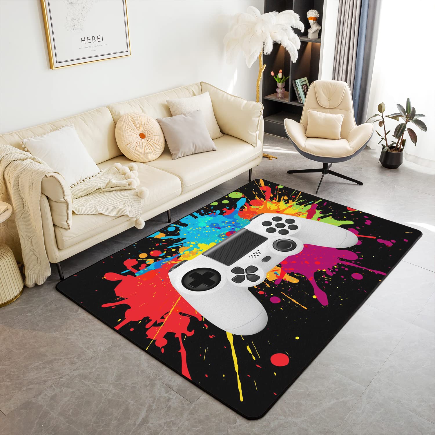 Homemissing Gamer Area Rug 150x200cm Gaming Gamepad Rugs Mat For Living Room Bedroom Colorful Splash Ink Decorative Carpet Non Slip Area Runner Rug