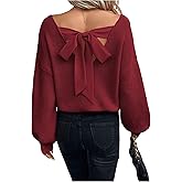 WDIRARA Women's Bow Sweaters Long Sleeve Backless V Neck Oversized Knit Pullover Sweater