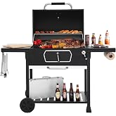 Royal Gourmet CD2030AN Deluxe 30-Inch Charcoal Grill, Collapsible Tables | Large BBQ Smoker, Crank Handle, Front Charcoal Access Door, Temperature Gauge, Picnic Camping Patio Backyard Cooking, Black
