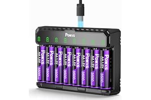 POWXS 1.5V AA Lithium Rechargeable Batteries with Charger (3500mAh, 8-Pack) - High-Capacity Double A Battery with Universal C