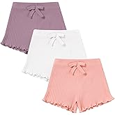 NARPLO 3 Pack Baby Toddler Girl Shorts Ribbed Infant Girls Solid Color Soft Elastic Bow Waist Ruffle Summer Casual Shorts