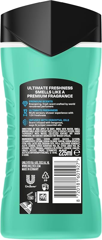 - Duschgel – Kollektion Prestige – Aqua Bergamot – 12 Stunden Frische – Duft Bergamotte, Salbei und Wacholder – feuchtigkeitsspendende Wirkstoffe 100% pflanzlichen Ursprungs – 1 x 225 ml
