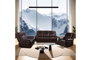 Evedy Living Room Furniture Sets,3 Pieces Manual Include 3-Seater Sofa/Loveseat/Armchair,Home Theater Seating Recliner-Brown
