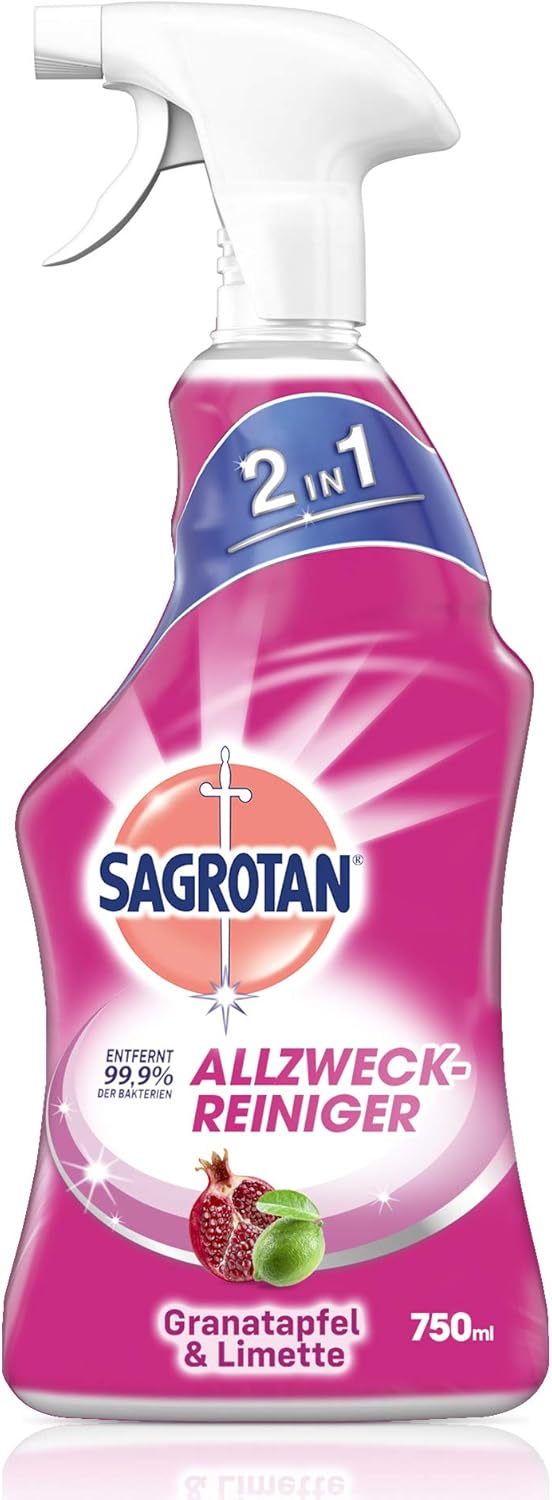Sagrotan Allzweck-Reiniger Granatapfel & Limette – Desinfektionsmittel für die zuverlässige Reinigung von Oberflächen – 1 x 750 ml Sprühflasche mit neuem Sprühkopf