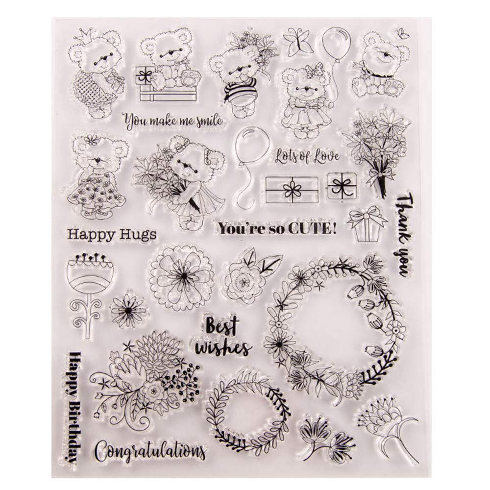 Happy Birthday Hugs Best Wishes Thank You Sentiments Flowers Cute Balloon Bear Clear Stamps for Card Making Decoration and DIY Scrapbooking