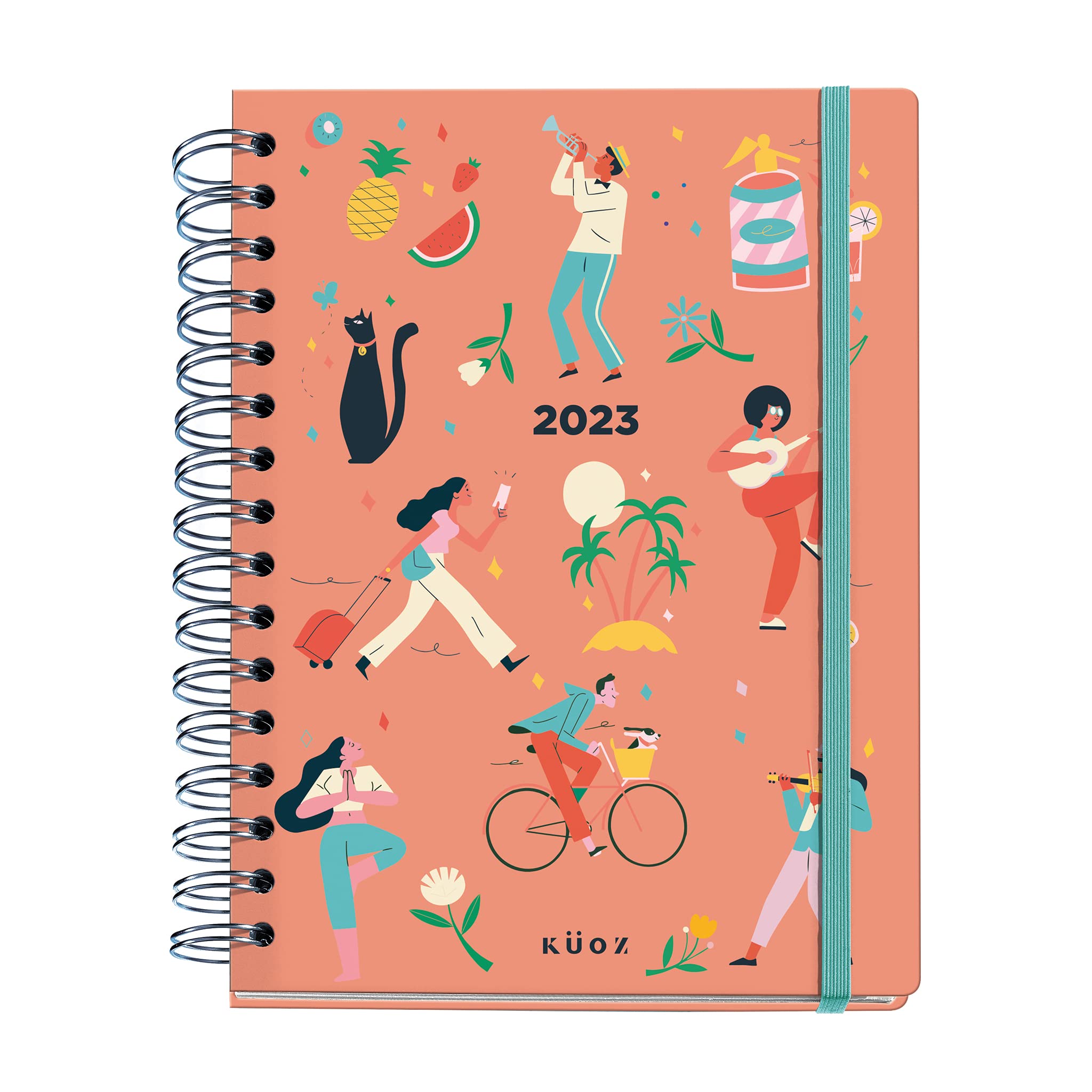 Miquelrius - Küoz 2023 Year Diary – Week to View – Size 155 x 213 mm (approx. A5) – Hard Cover – Spiral Bound – Multilingual – Let's Go