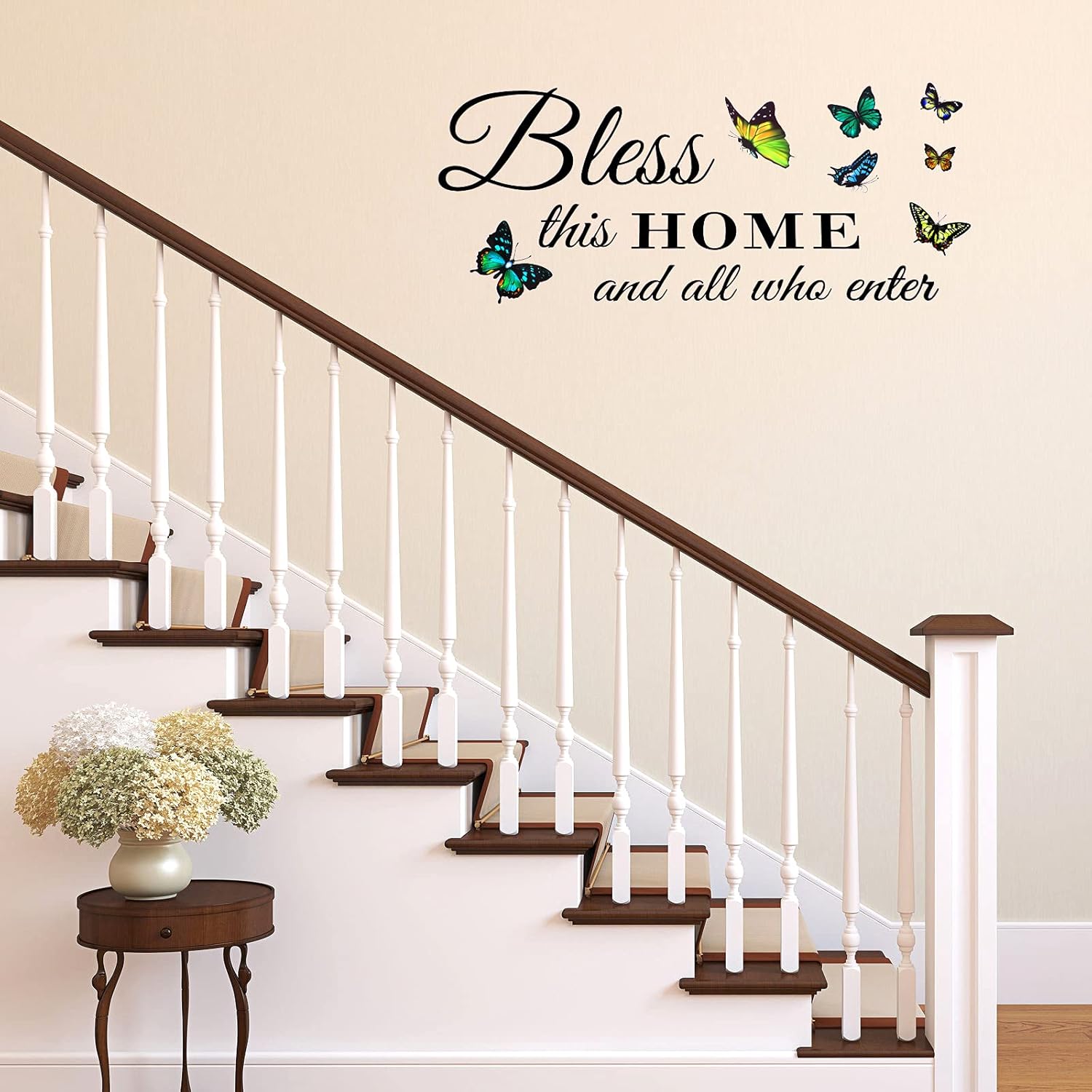 Wall Decor Quotes Family House Decor Living Room Art Sayings Sticker, Bless This Home and All Who Enter (Colorful Butterfly)