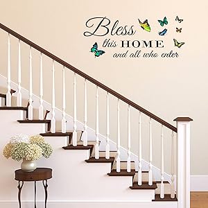Wall Decor Quotes Family House Decor Living Room Art Sayings Sticker, Bless This Home and All Who Enter (Colorful Butterfly)