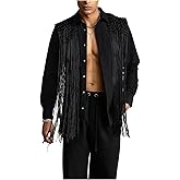 BEAUDRM Men's Fringe Tassel Shirts Fringe Button Down Long Sleeve Party Disco Rave Shirt