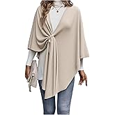 MakeMeChic Women's Deep V Neck Knitted Poncho Top 3/4 Sleeve Asymmetrical Cape Cardigan