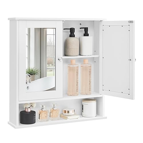 VASAGLE Bathroom Cabinet with Mirror, Wall Cabinet with 2 Mirrored Doors, Adjustable Shelf, Open Compartment, Wall-Mounted, 5.1 x 22.2 x 23 Inches, White ULHC002