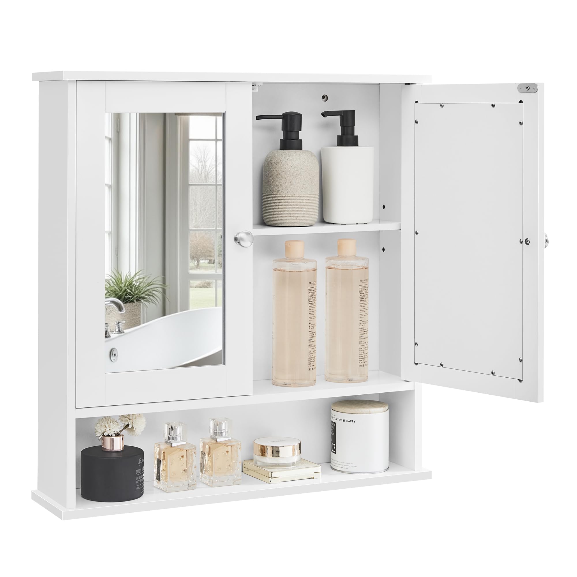 VASAGLE Bathroom Cabinet with Mirror, Wall Cabinet with 2 Mirrored Doors, Adjustable Shelf, Open Compartment, Wall-Mounted, 5.1 x 22.2 x 23 Inches, White ULHC002 Image