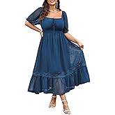 SHESTARR Women's Plus Size Maxi Dress Short Sleeve Square Neck Tie Front Swiss Dot A Line Wedding Guest Dresses