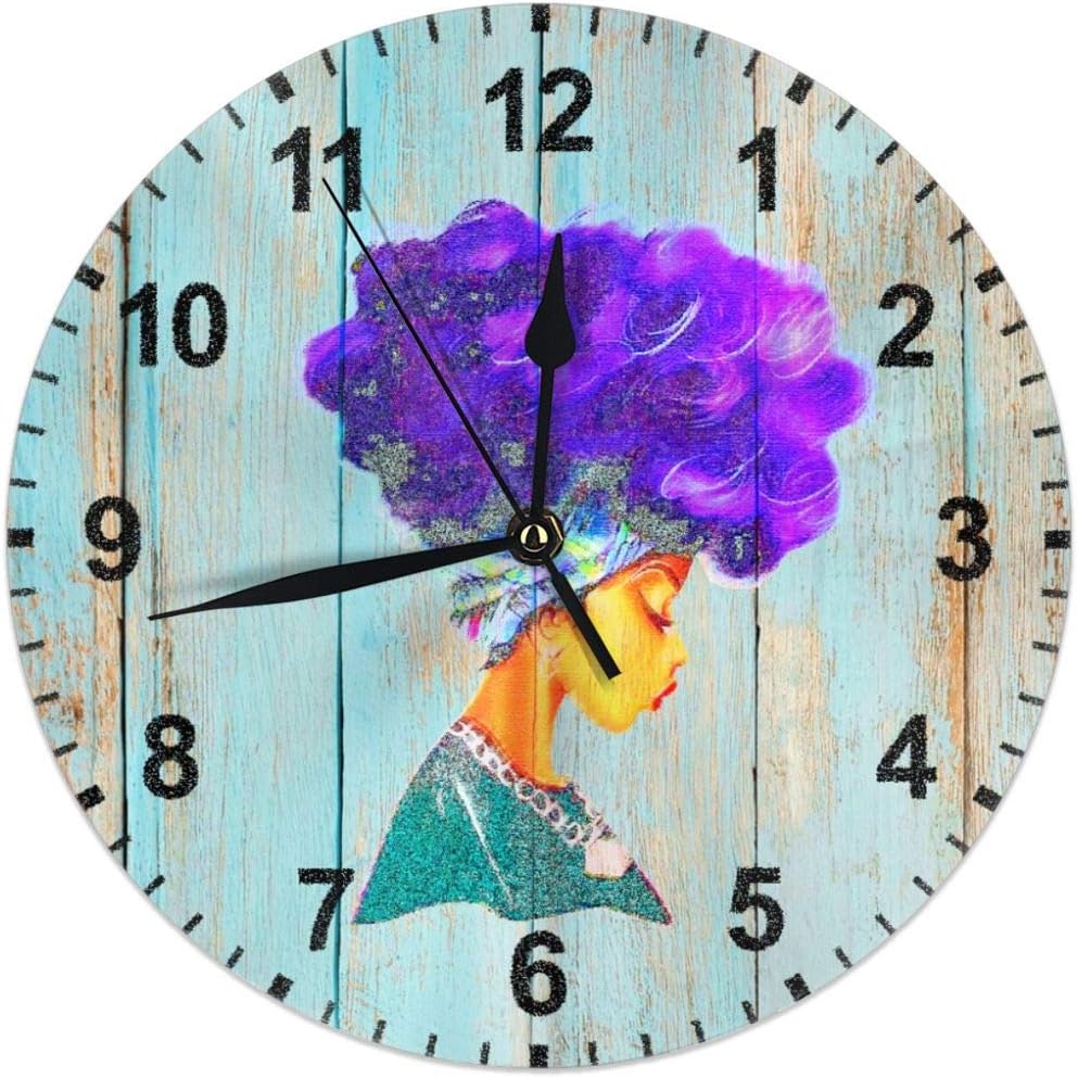 Retro Design African Ethnic Women with Purple Hair Rustic Wooden Background Decorative Wall Clock Silent Non Ticking 10 Inches Quality Quartz Battery Operated Round for Home/Office/Classroom/School